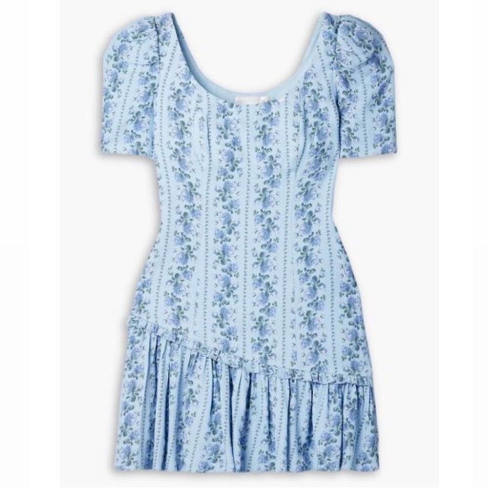 Love Shack Fancy Blue Solus Ruffled Floral Print Crepe Mini Dress